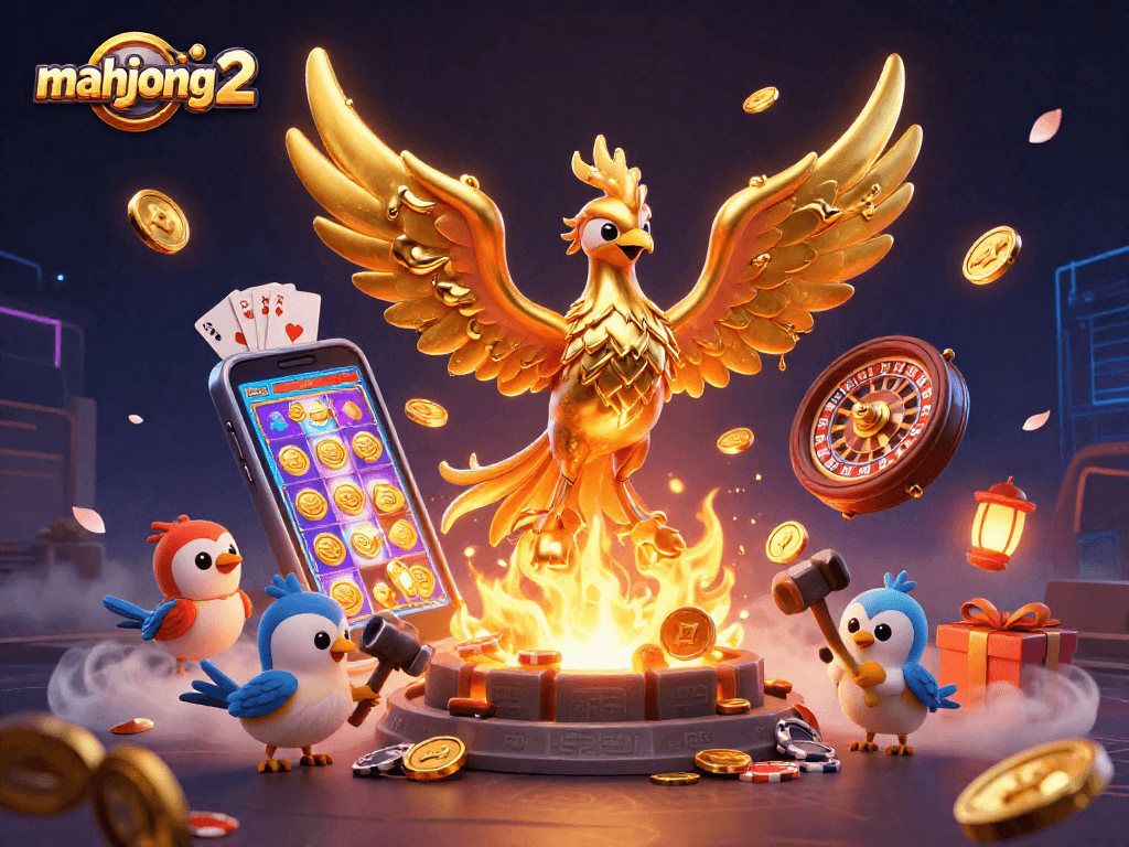 Experience the thrill of mahjong 2 with a vibrant scene of molten golden phoenixes and exciting gaming elements.