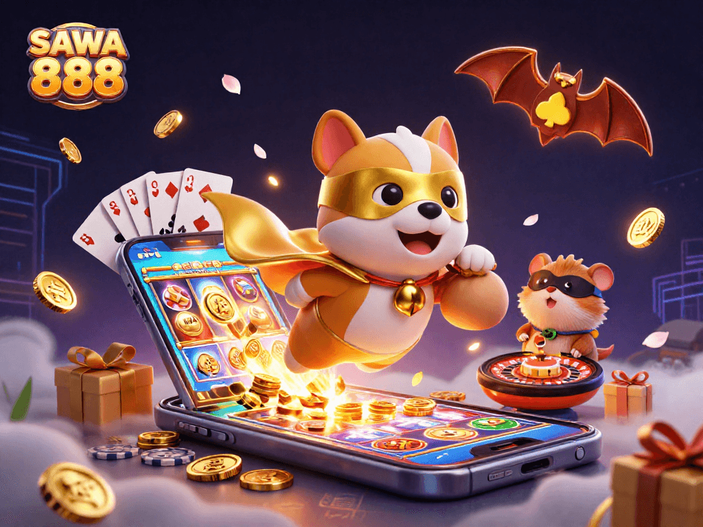Experience thrilling slots with SAWA 888 as a cartoon dog superhero flies through vibrant casino elements.