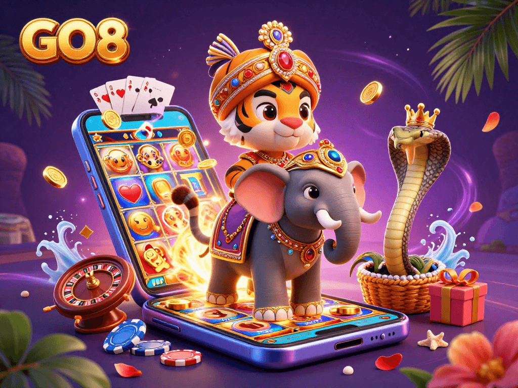 Engage with GO8's vibrant casino scene featuring an Indian maharaja tiger, jungle aesthetics, and interactive slot games.