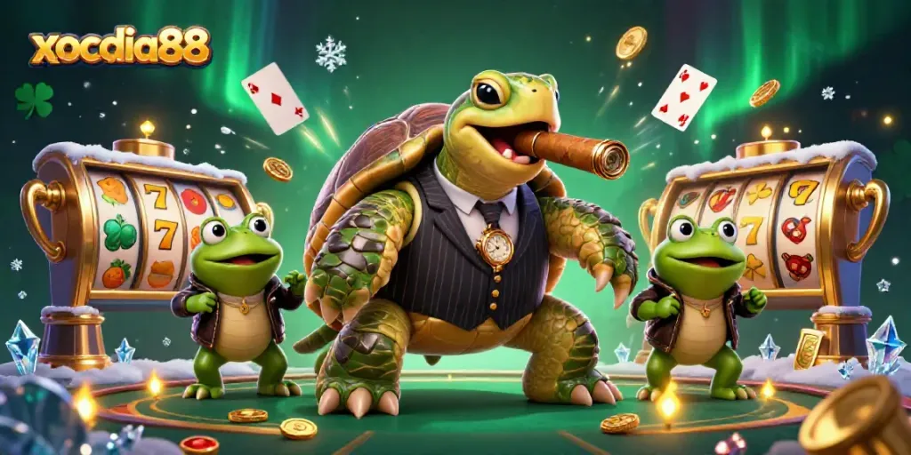 Experience the thrill of xocdia88 with a 3D casino scene featuring a snapping turtle mobster and lively game elements.