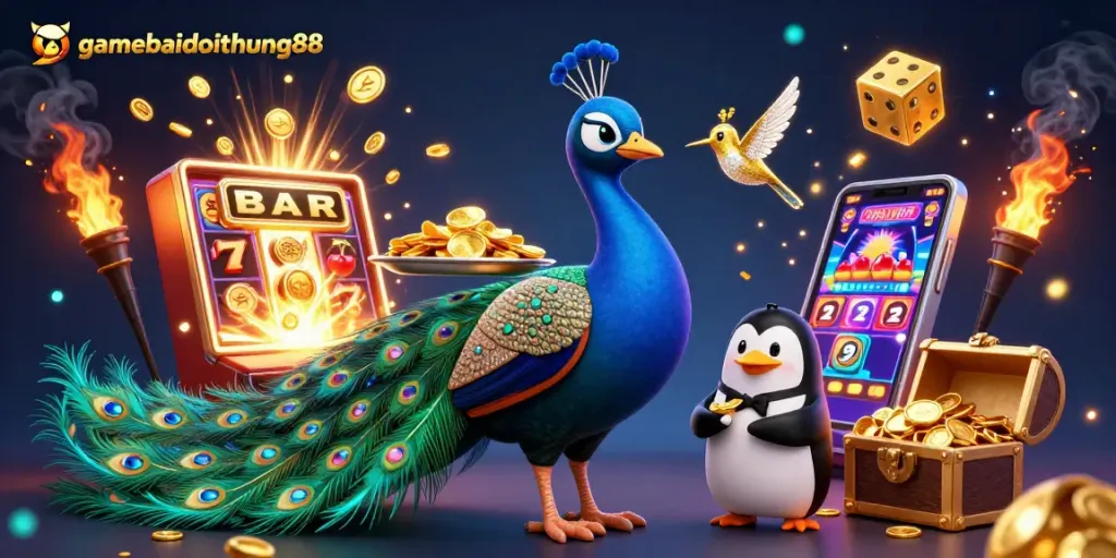 Experience the excitement of gamebaidoithuong88 with a vibrant 3D casino scene featuring a peacock and golden chips.