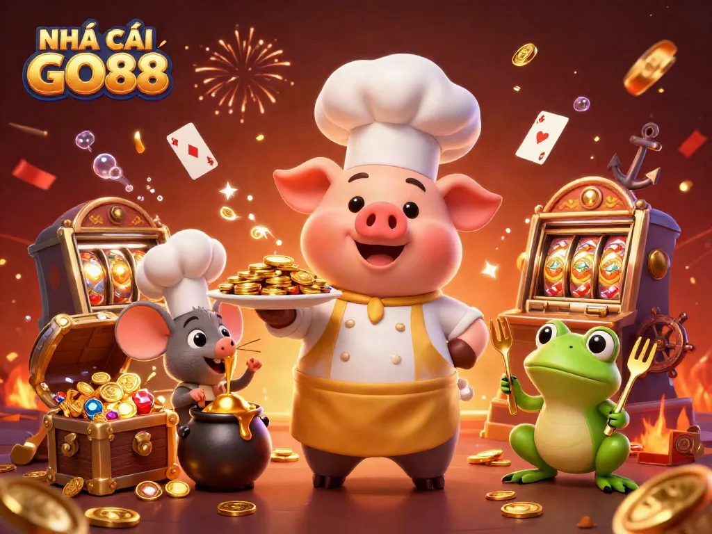 Experience the vibrant excitement of NHÀ CÁI GO88 with a whimsical 3D feast of gold, treasure, and gaming fun.