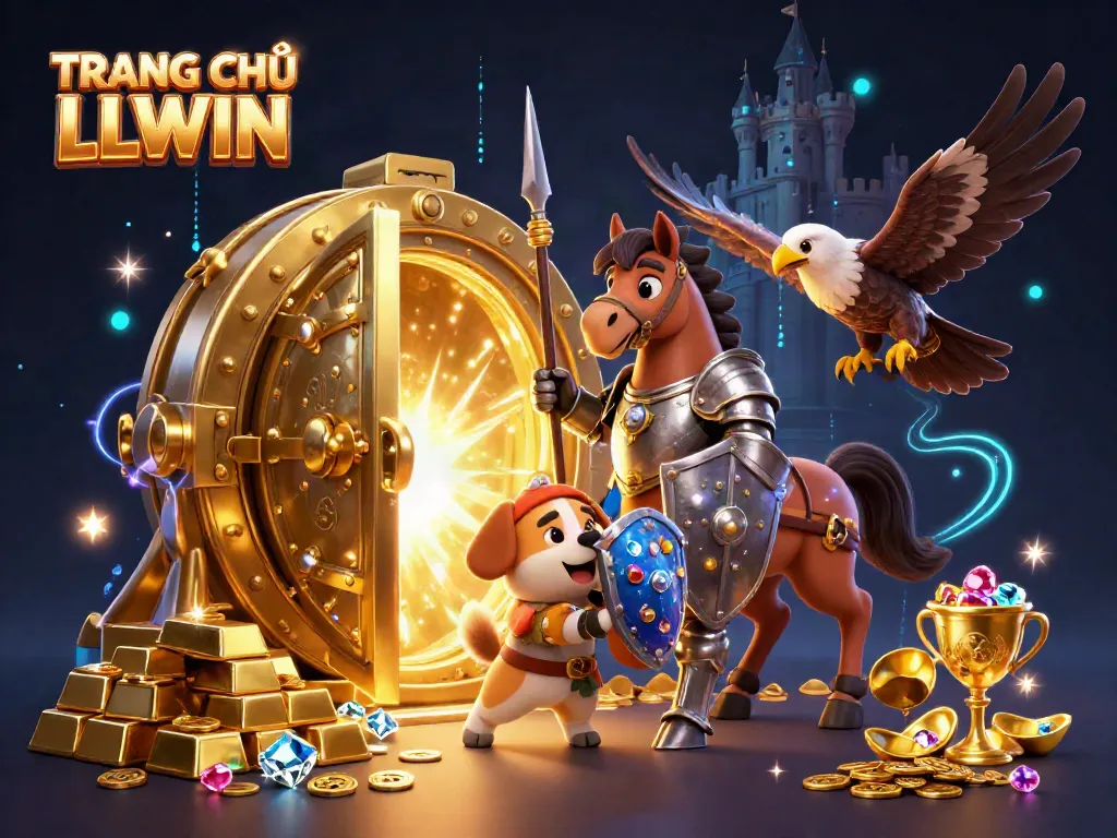 Experience the vibrant TRANG CHỦ LLWIN casino scene with a knight and a puppy, amidst treasures and gems.