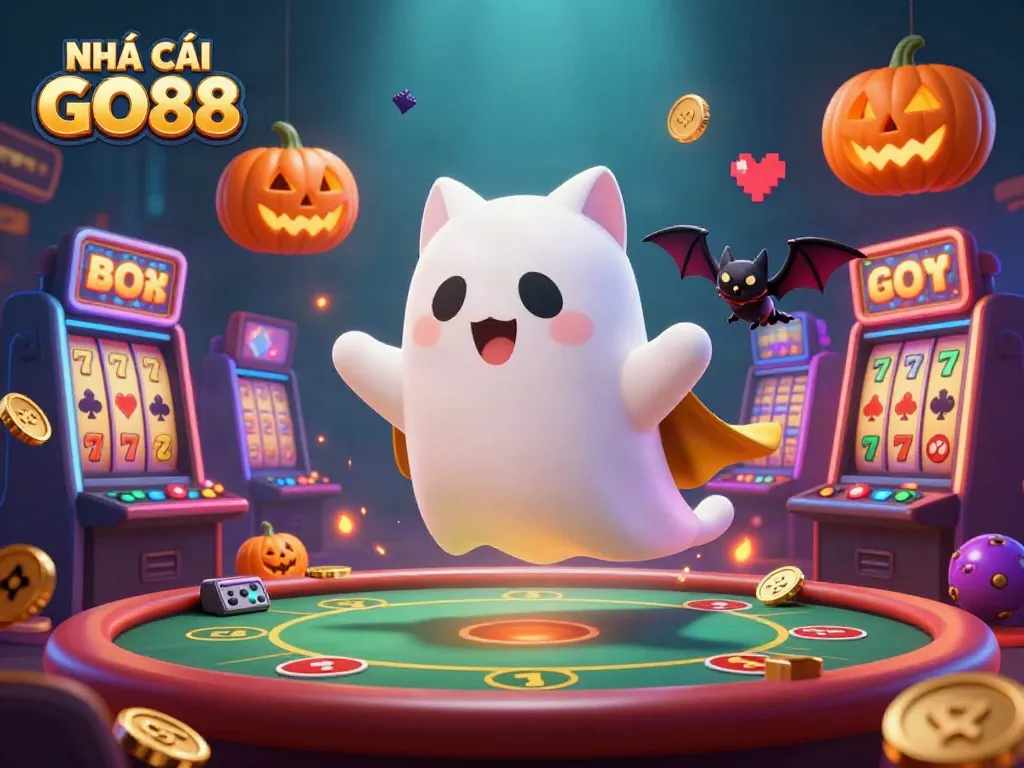 Engage in the enchanting world of NHÀ CÁI GO88 with a friendly ghost cat and its bat companion in a vibrant casino!