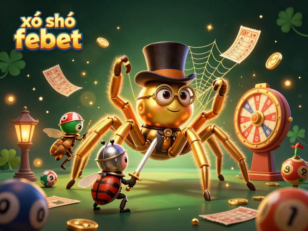 Engage in xổ số febet with an exciting scene featuring a golden tarantula, beetle knight, and vibrant lottery elements.