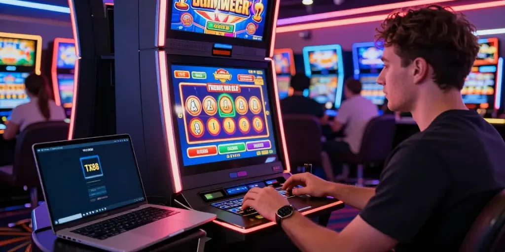 Engaged player experiencing a jackpot win on TX88 gaming platform.