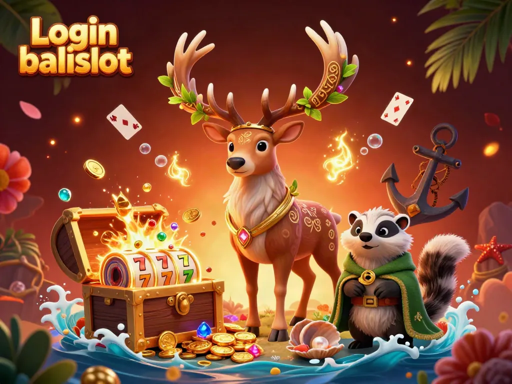 Engage with Login balislot in this vibrant 3D illustration, featuring a druid stag with gaming elements around.