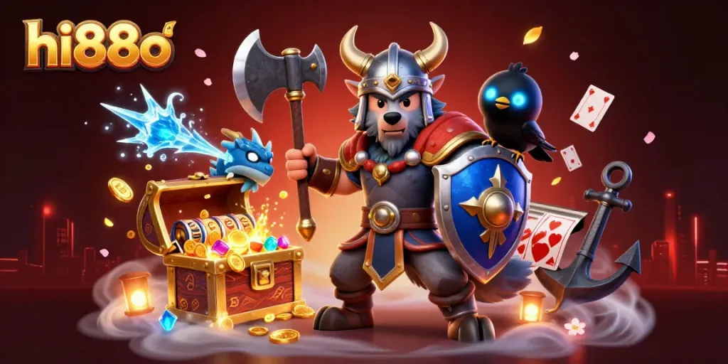 Engaging scene with hi88o characters in an energetic casino setup featuring slots, cards, and gold treasures.
