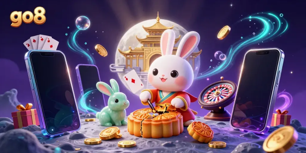 Experience the exciting world of go8 with a festive lunar scene featuring card games, golden coins, and animations.