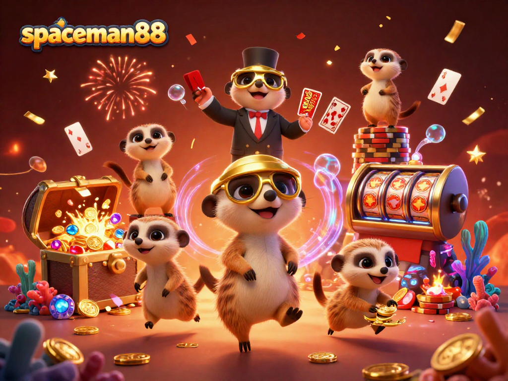 Experience the thrilling excitement of spaceman88 with playful meerkats in a vibrant casino scene.
