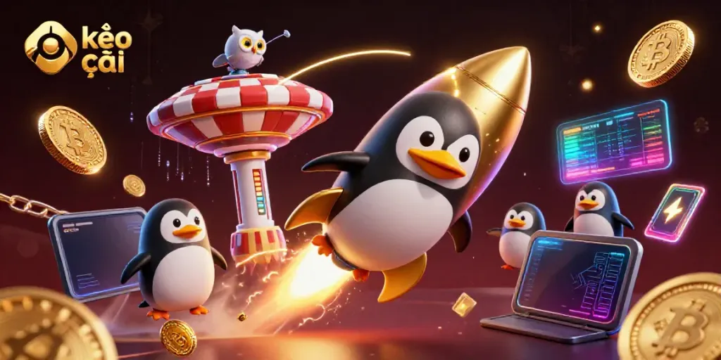 Experience thrilling kèo nhà cái action as a golden penguin navigates through space to a poker chip casino.