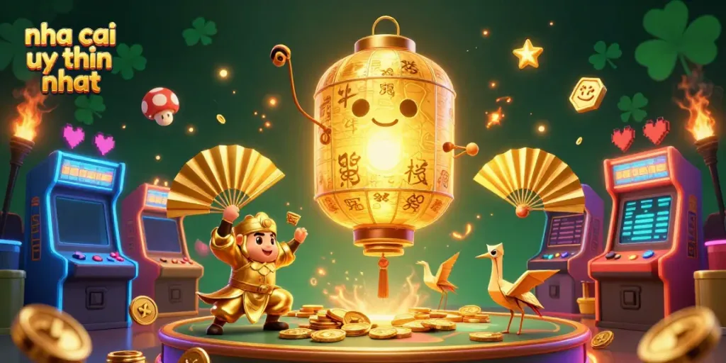 Engage with the top nha cai uy tin nhat as a golden lantern spirit and warriors illuminate a dynamic casino.