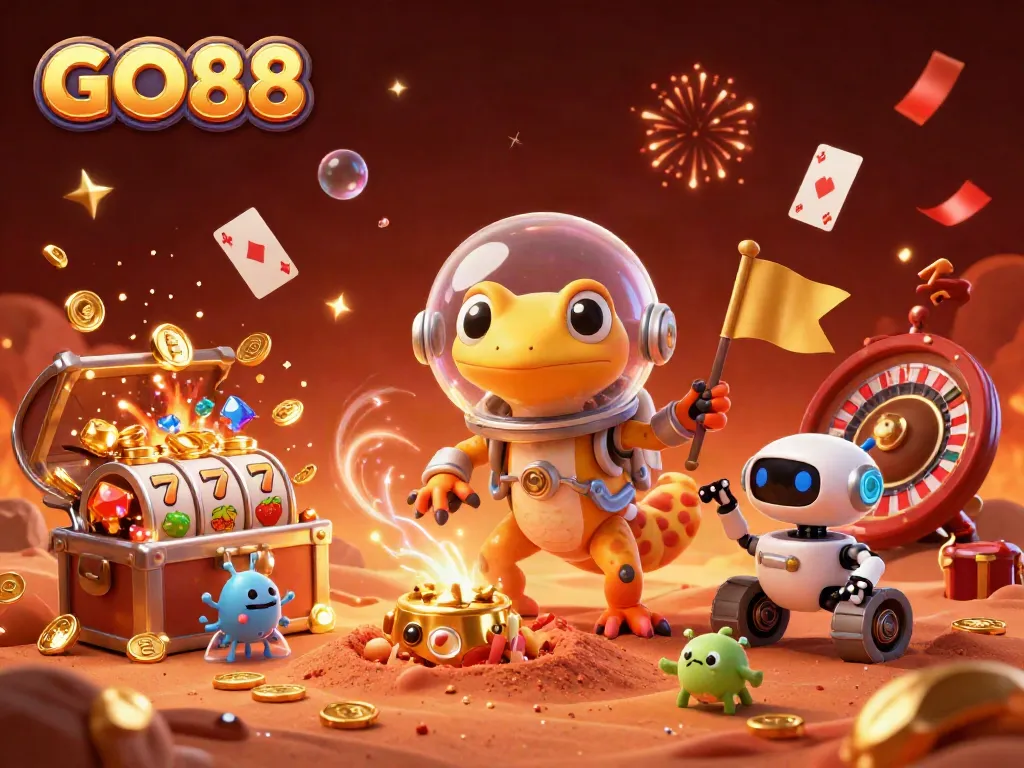 Experience the excitement of GO88 with a Martian gecko discovering a golden casino filled with winnings and joy.