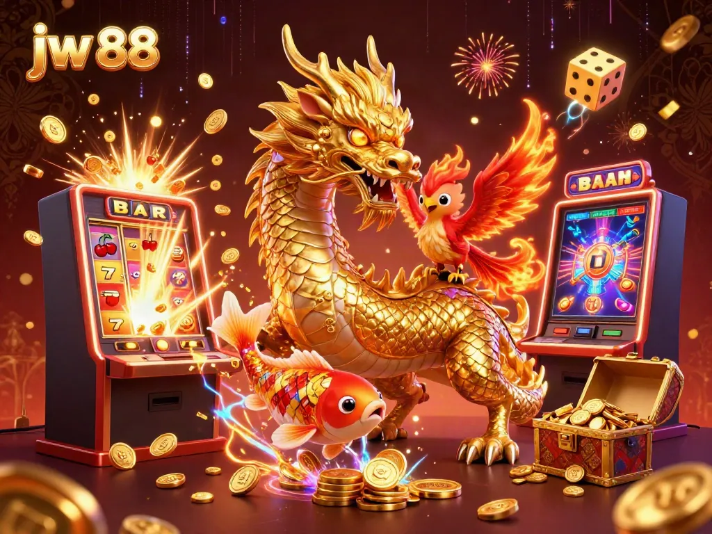 Engage with jw 88's thrilling gaming scene featuring a fierce dragon, phoenix, and koi fish amidst jackpots.
