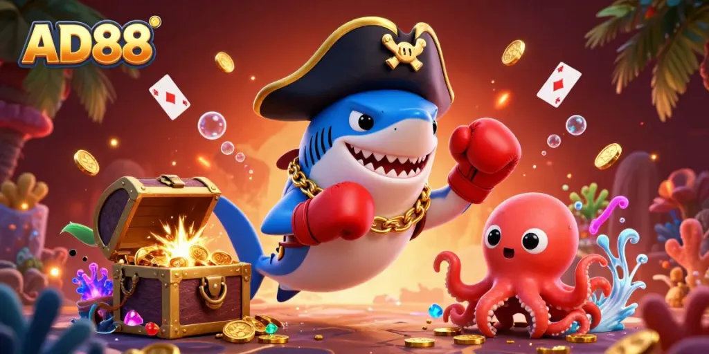 Experience the thrilling underwater adventure at AD88 with colorful sea creatures and treasures in a vibrant casino atmosphere.