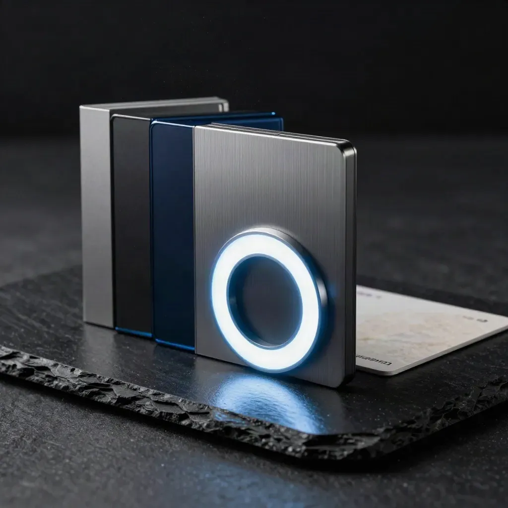 Dark product bundle with glowing ring and stacked review blocks on black stone.