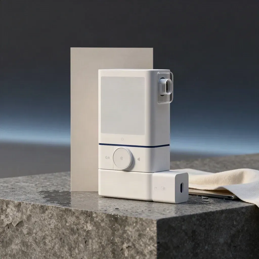 Okendo review software stack on a rain-washed stone plinth with soft studio light.