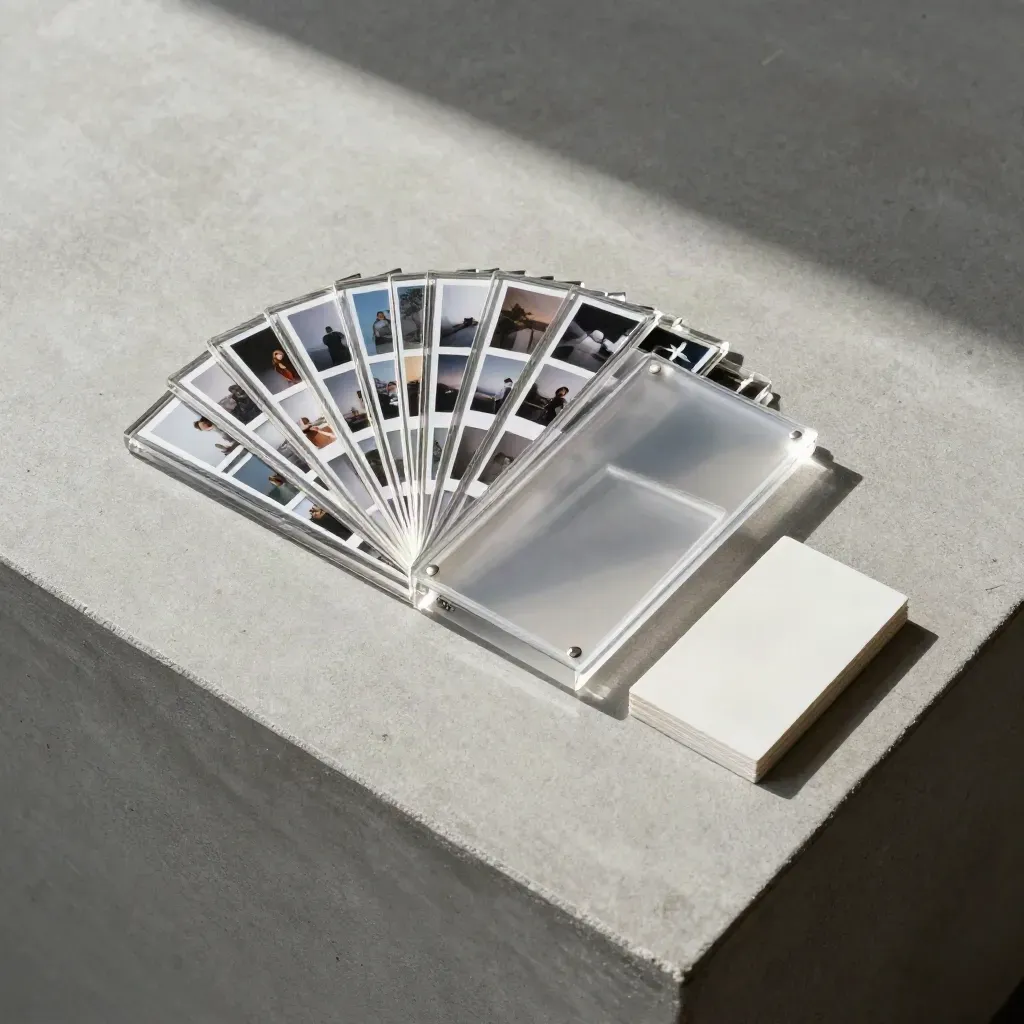 Overhead acrylic review widget with floating photo tiles on cool concrete