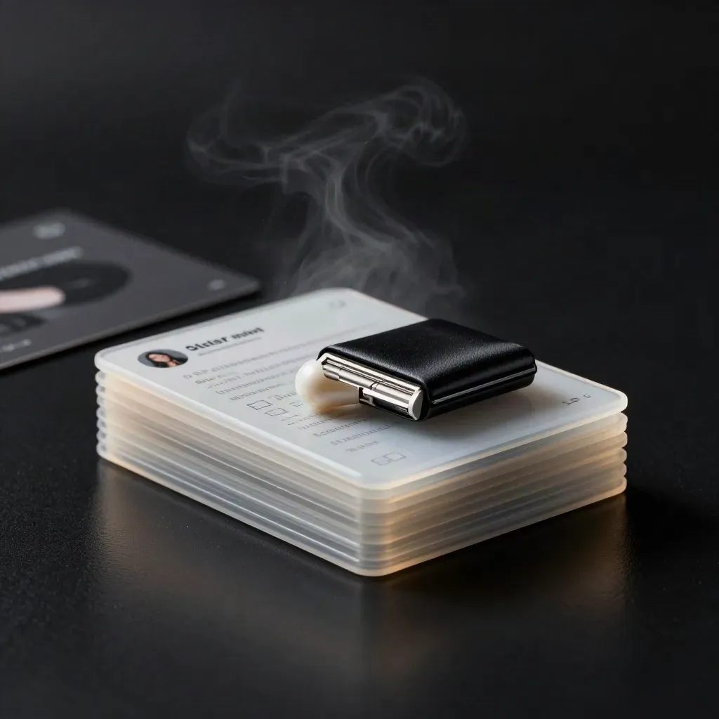Dark studio product sculpture of a reviews plan capsule with stacked tiles and a photo badge.