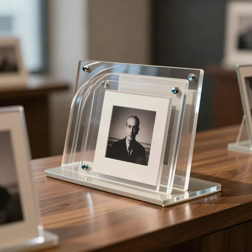 Translucent gallery plaques fanning from a curved spine in a luxury lifestyle setting.