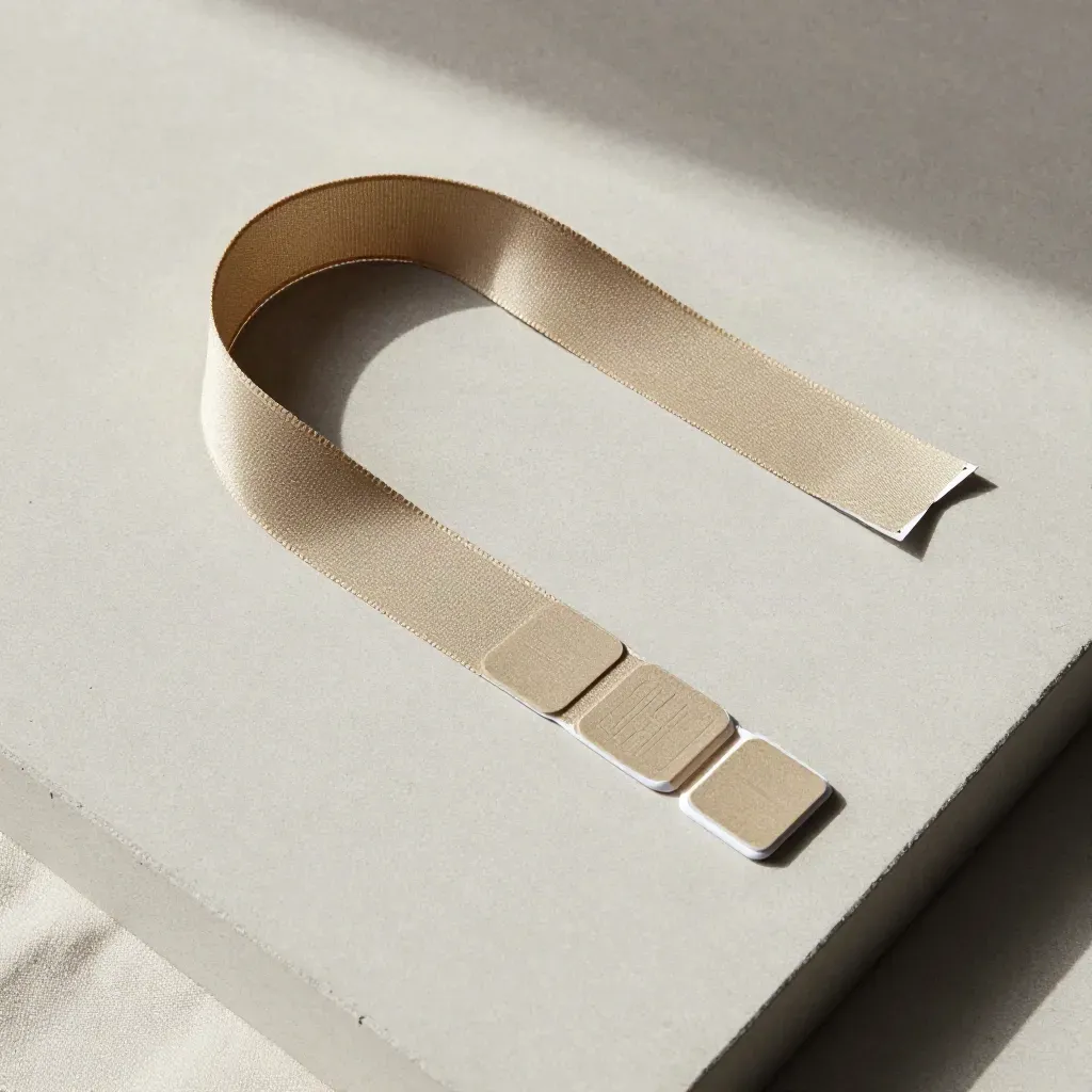 Overhead flatlay of a folded message ribbon, reply token, and prompt chips on pale concrete