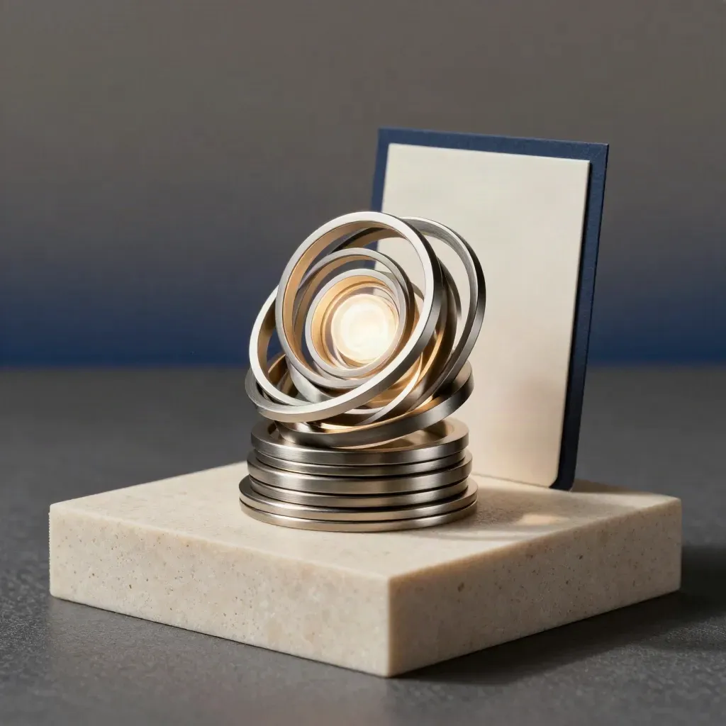 Metal ring reward sculpture with tokens and a glowing core on a travertine plinth.