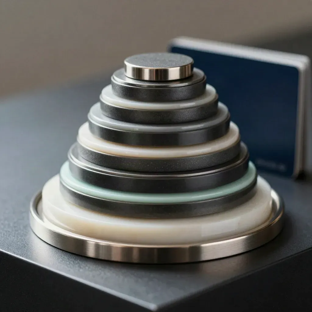 Macro of a stepped loyalty tier tower in lacquer and brushed metal with a faint mint shimmer.