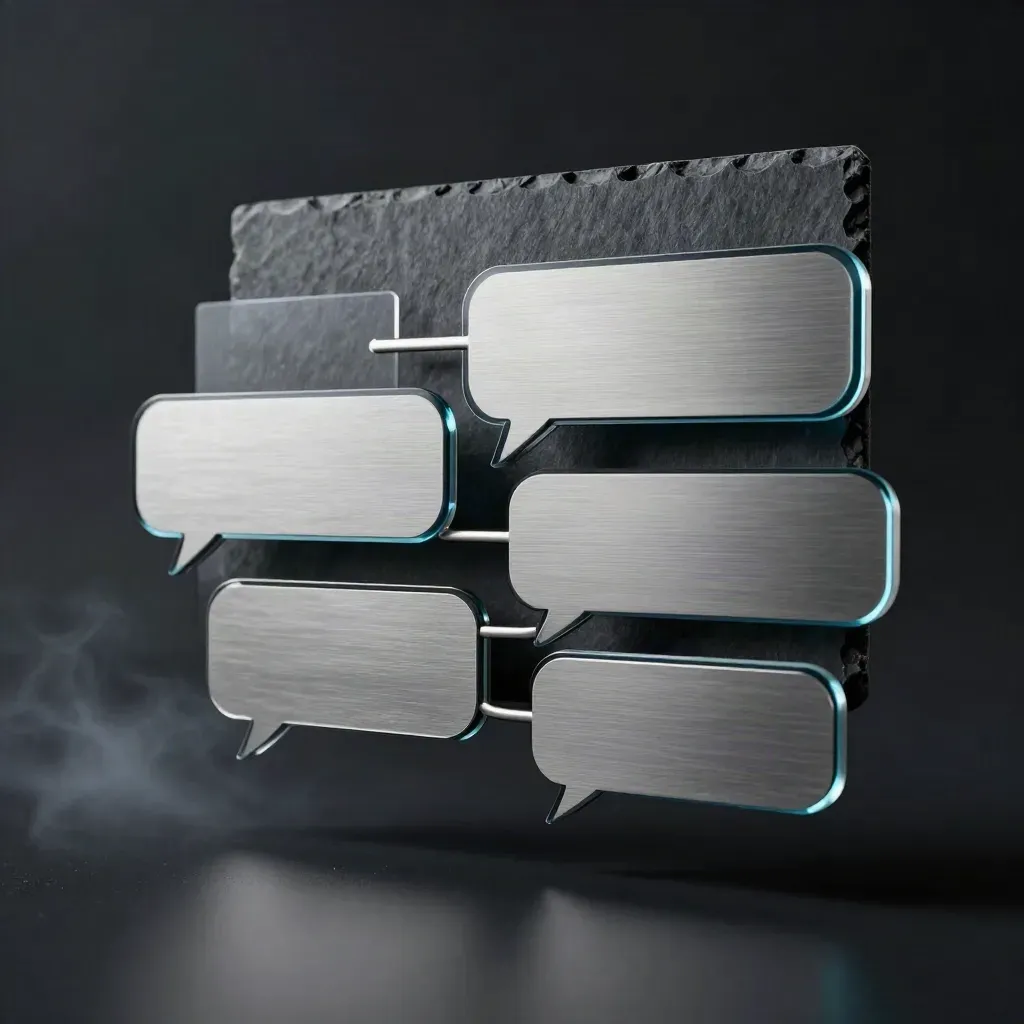 Glass-like Q&amp;A widget pieces align into a tense diagonal on a dark studio surface.