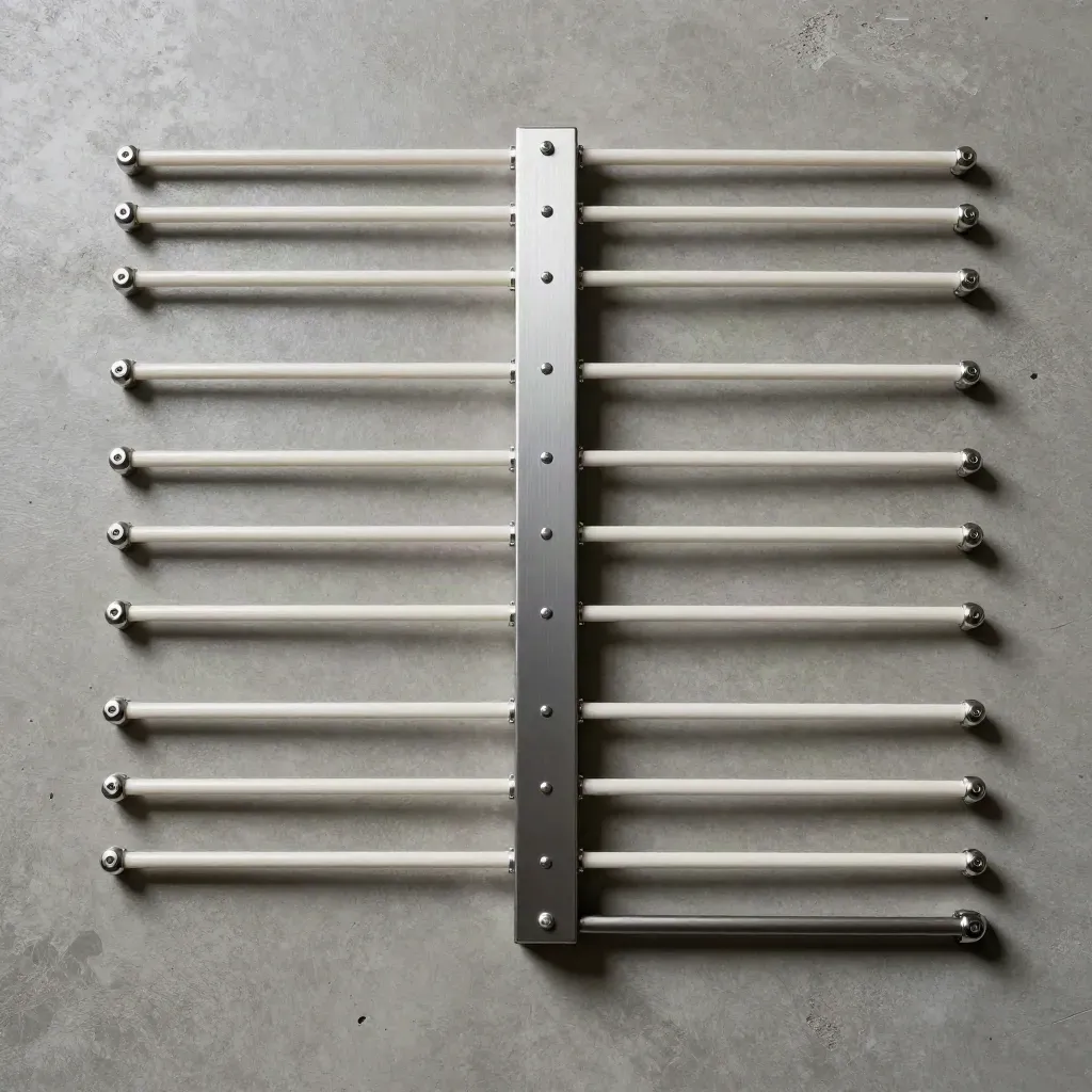 Top-down flatlay of a metallic relay set on concrete with white rails and links