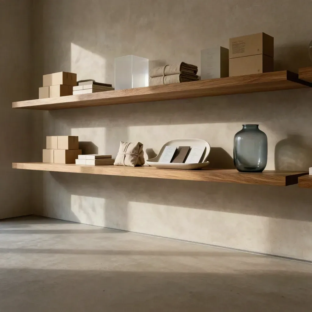 Warm showroom shelf corner with neutral ecommerce objects and open copy space below.