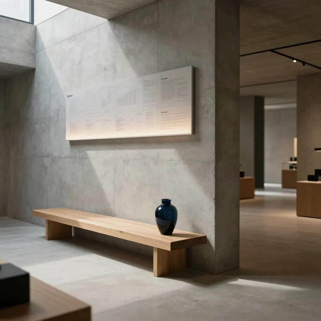 Concrete gallery passage with oak bench, dark vase, and soft light over a calm floor.