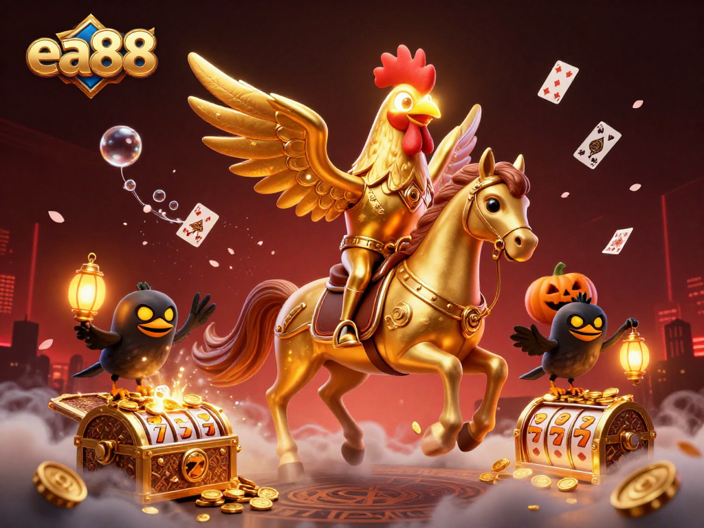 Experience thrilling gaming with ea88's golden rooster in a vivid casino scene full of excitement.