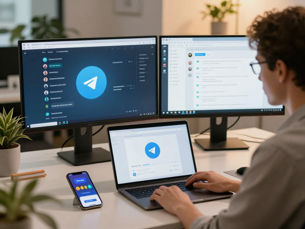 用户在办公桌上使用Telegram，展示高效沟通和多设备同步的场景。