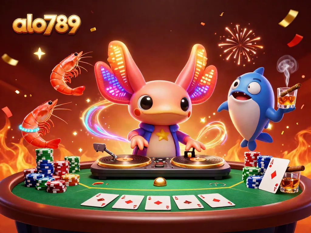 Engage with alo789's vibrant casino atmosphere featuring a lively DJ axolotl and poker elements.