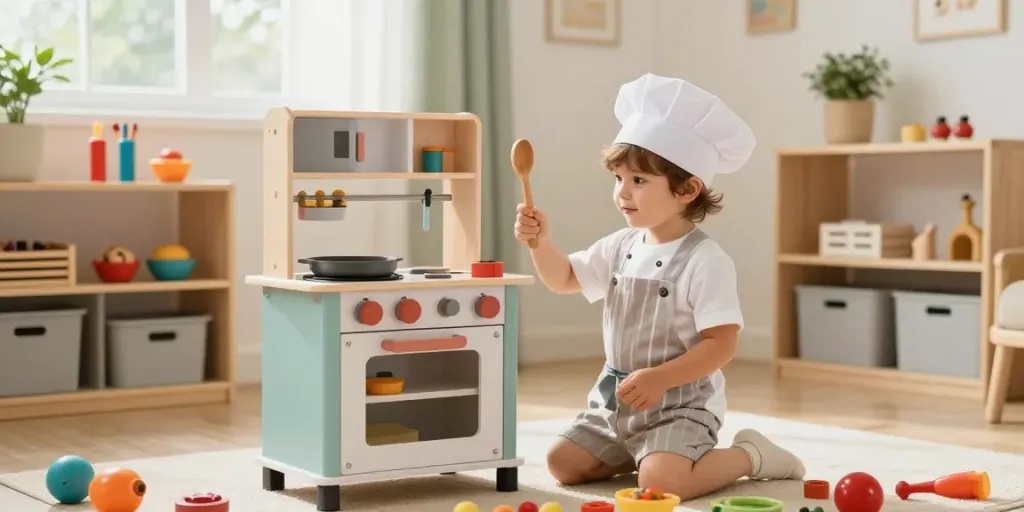 Child playing with a toy kitchen set, engaging in imaginative cooking.