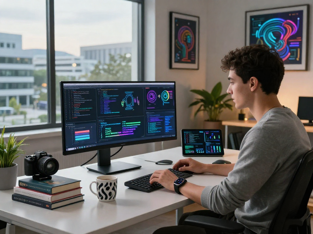 Data scientist using spicy AI tools in a modern workspace with engaging visuals.