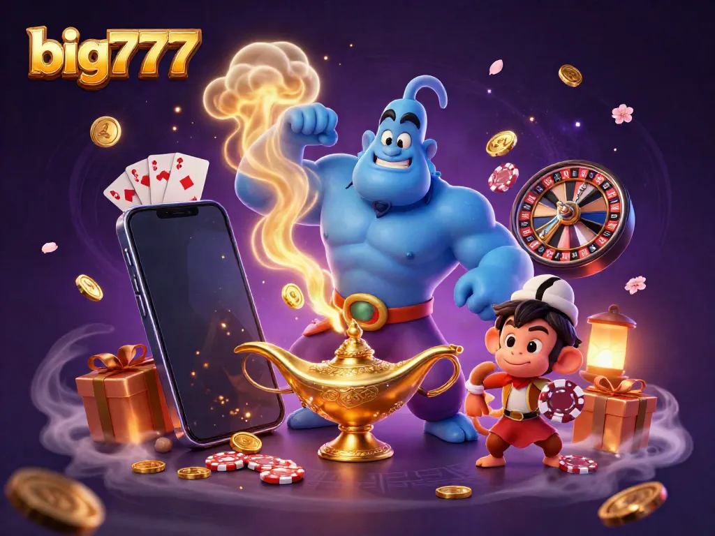 Experience excitement with big777's 3D genie, flying monkey, and slot game illustration, capturing vibrant casino fun.