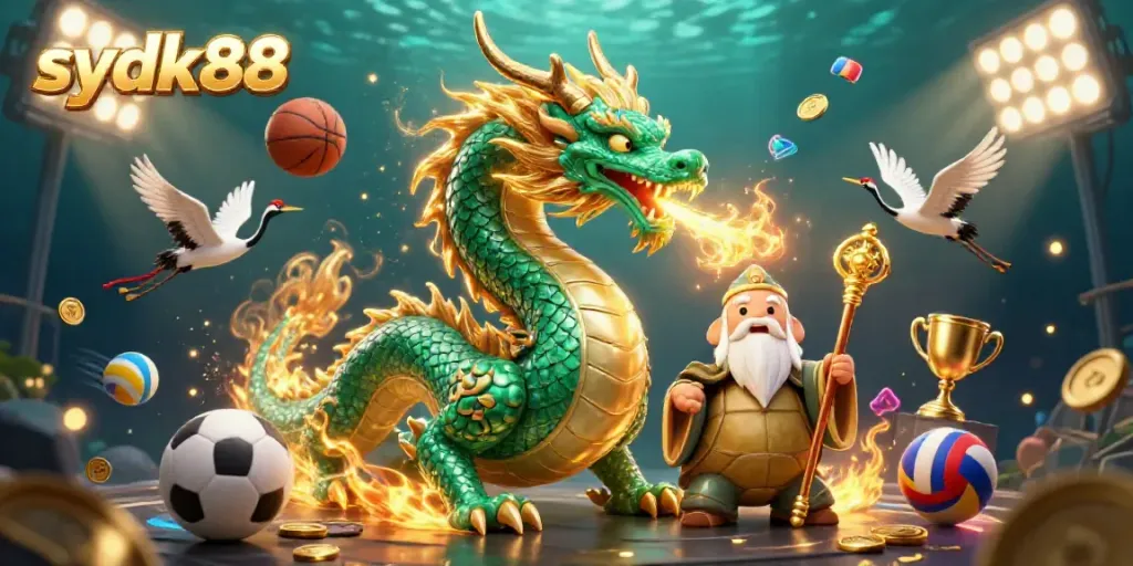 The massive emerald jade dragon of sydk88 breathes fire amidst dynamic gaming elements in this engaging casino scene.