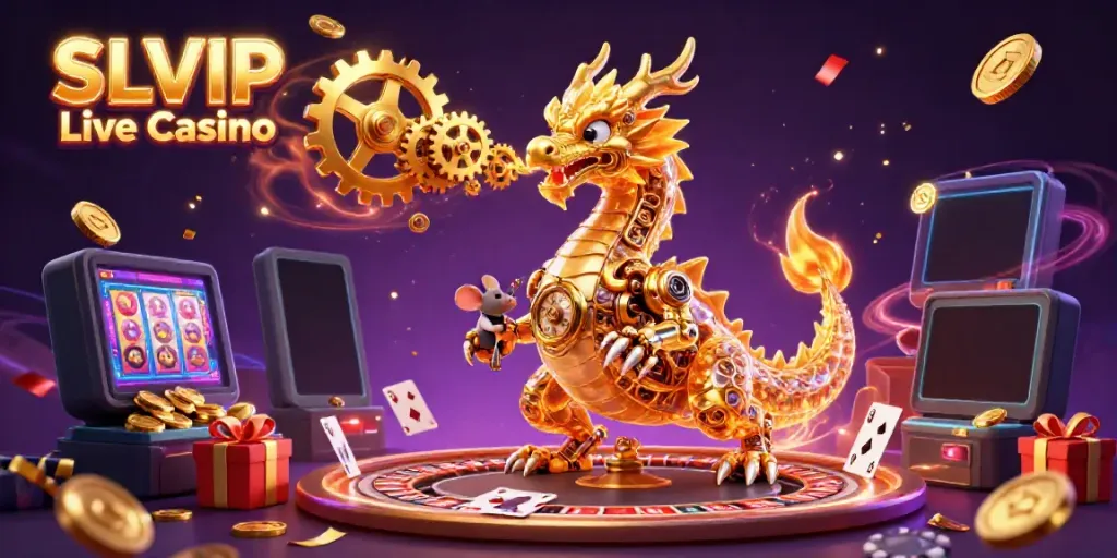 Experience the thrill of SLVIP Live Casino with a golden dragon and captivating live game elements.