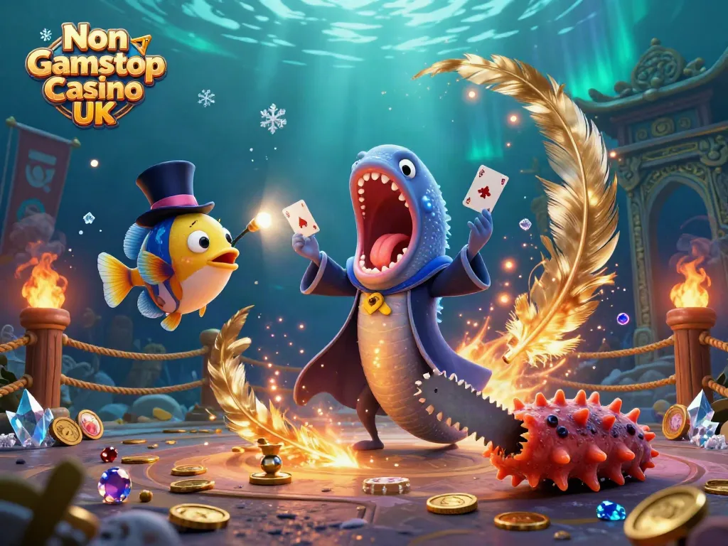 Experience the thrill of Non Gamstop Casino UK with a vibrant underwater magic act featuring sea creatures.