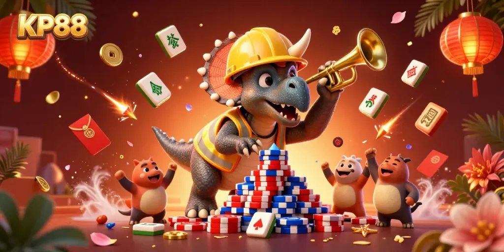 Experience KP88 with vibrant 3D characters building poker chip pyramids in a festive casino scene.