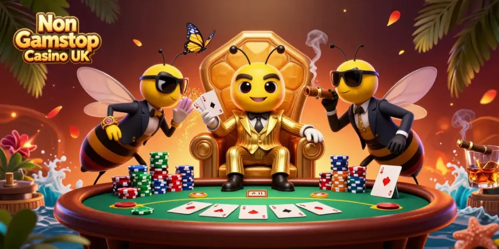 Engaging scene of 3D cartoon characters in a Non Gamstop Casino UK setting, featuring a bumblebee mob boss and poker elements.