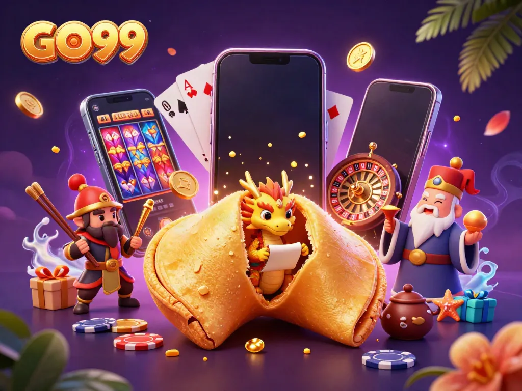 Experience the vibrant action of GO99 with a dynamic casino-inspired scene featuring characters and gaming elements.