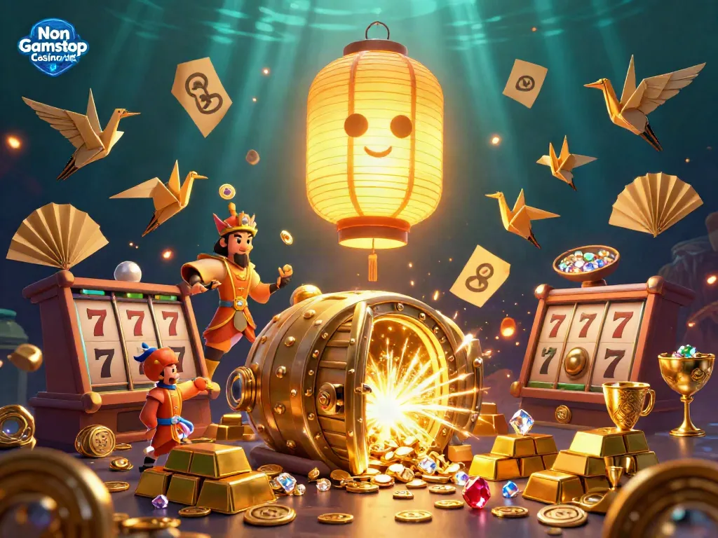 Engage with Non Gamstop Casino UK in a vibrant 3D casino scene, overflowing with treasures and gaming excitement.