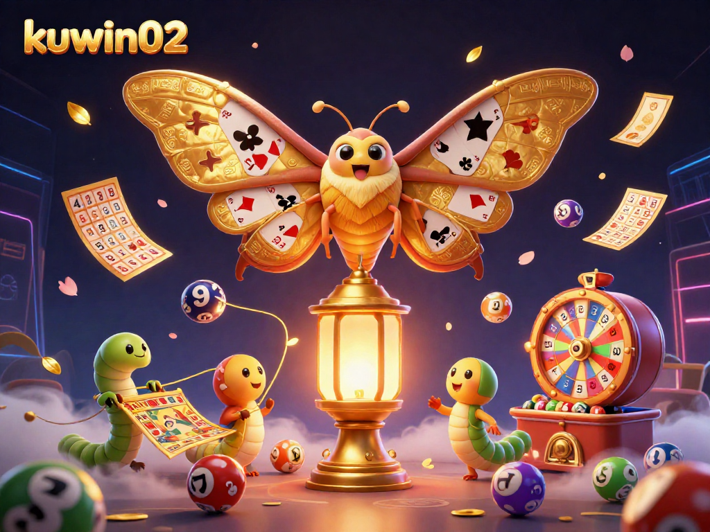 Engage with kuwin02’s ultimate gambling adventure amid golden moths, colorful lottery balls, and casino magic.
