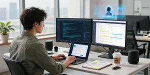 AI automation workspace featuring dual monitors with algorithms, innovative gadgets, and a modern urban backdrop.