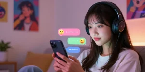Engaging NSFW AI chat with virtual girlfriend on smartphone in cozy room setting.