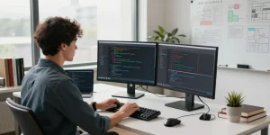 Developer focused on coding with dual monitors in a tech workspace, demonstrating WhatsApp下載 and software innovation.