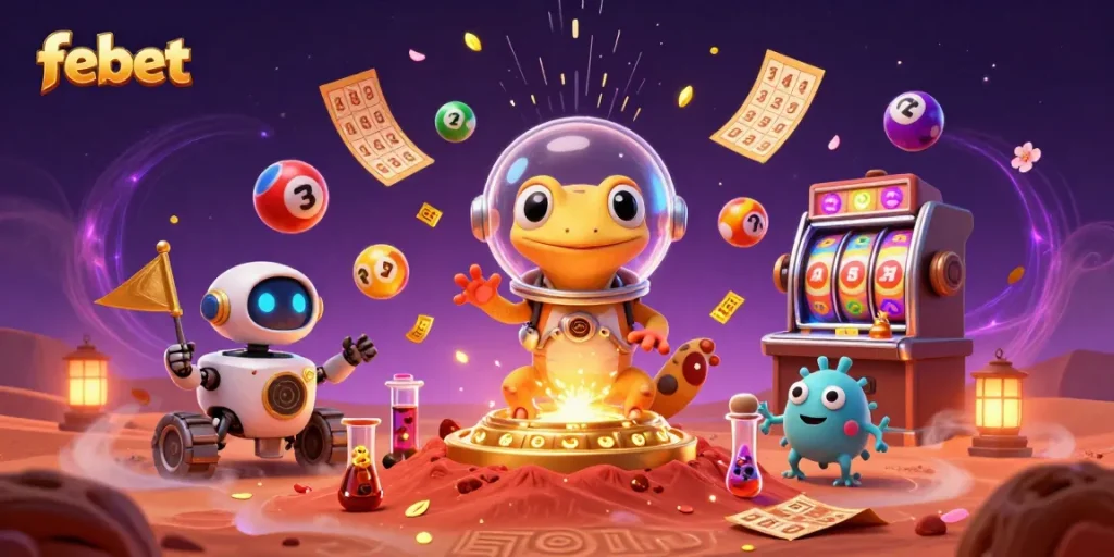 Experience vibrant gaming adventures at febet with dynamic lottery balls, golden tickets, and gaming excitement.