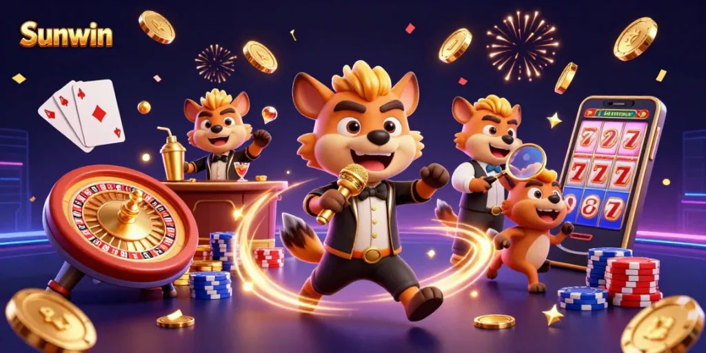 Experience Sunwin's vibrant casino action with hyenas entertaining, mixing drinks, and checking IDs.
